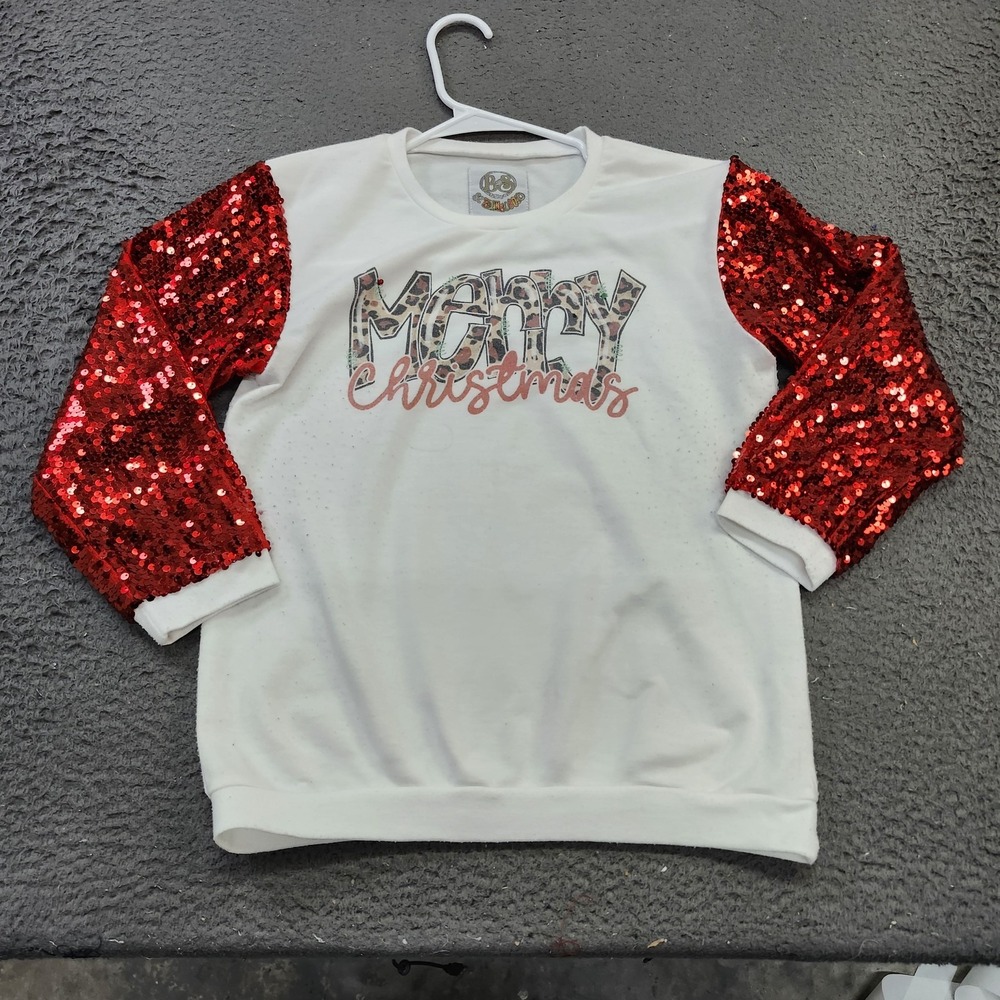 BS Shirt Womens Medium Red Merry Christmas Holiday Sequin Sleeve Long Sleeve Top